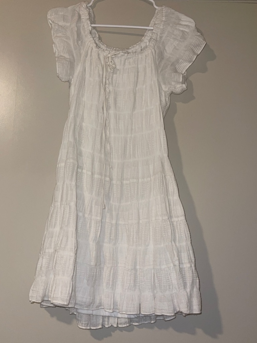 White Short-Sleeve Smocked Cotton Dress
